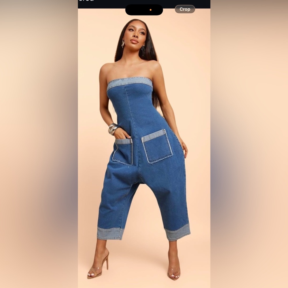 Women's Blue Denim Harem Strapless  Jumpsuit